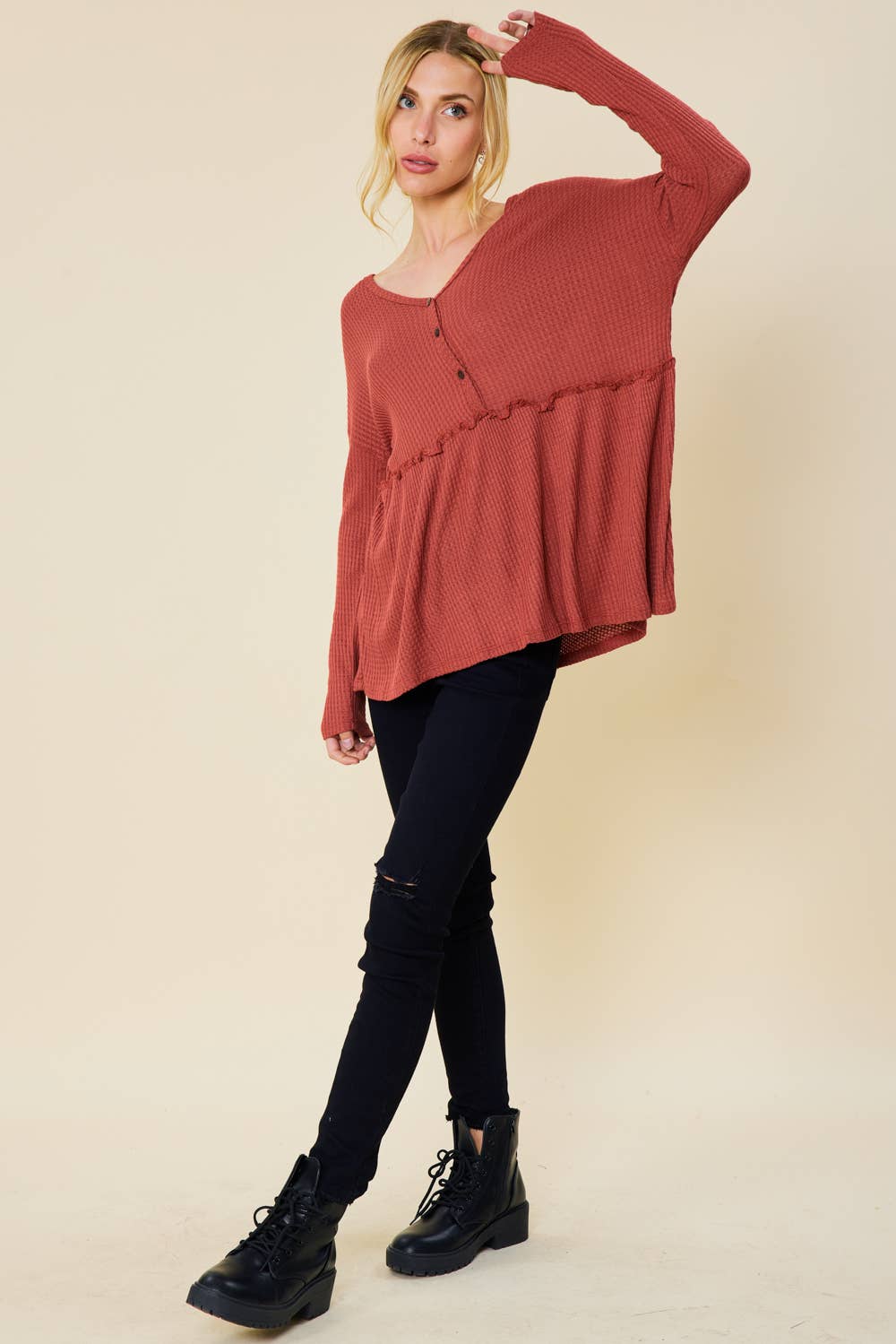 JERSEY WAFFLE HENLEY NECK LONG SLEEVE PEPLUM TOP
