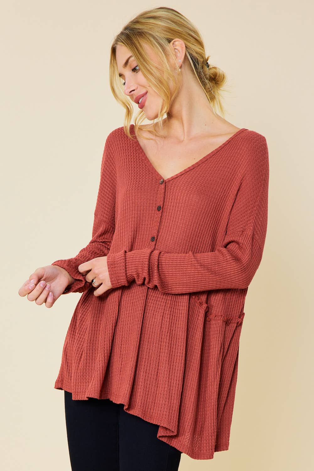 JERSEY WAFFLE HENLEY NECK LONG SLEEVE PEPLUM TOP