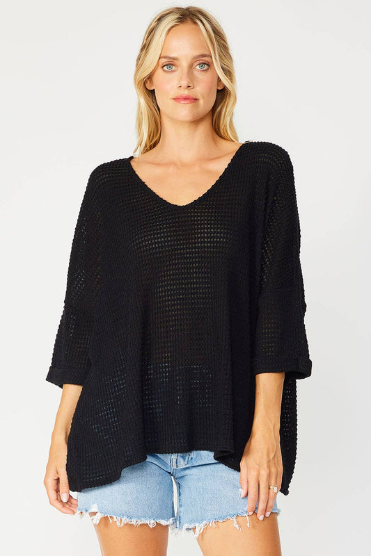 Heavy Waffle Oversized V-Neck Top
