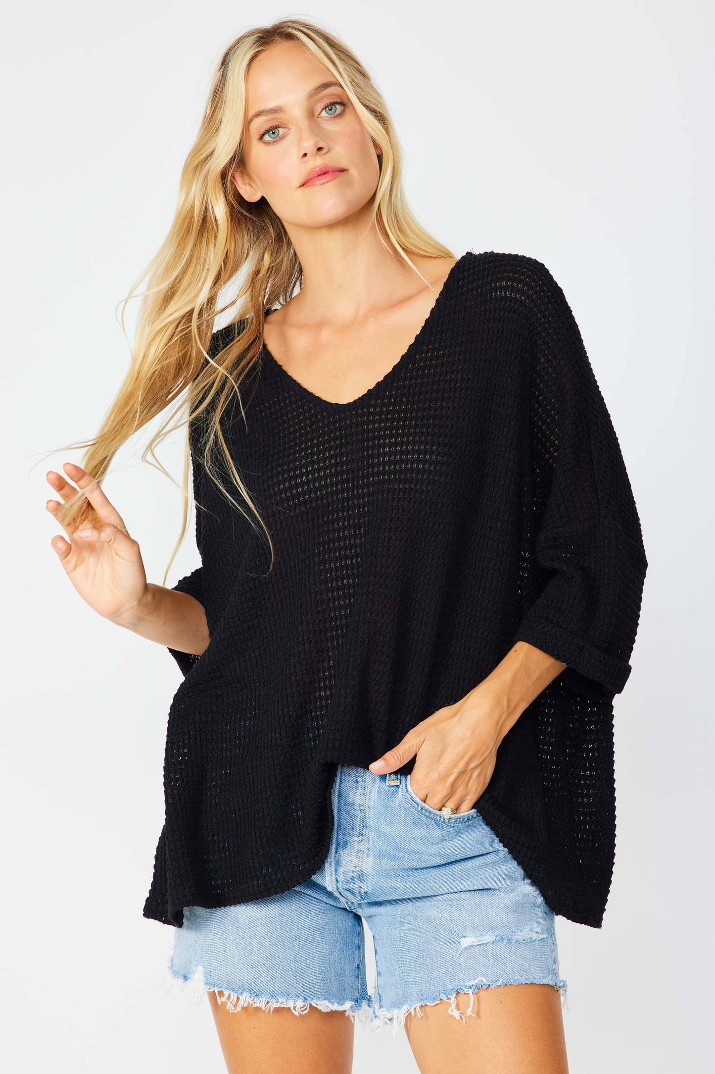 WAFFLE OVERSIZED V NECK TOP