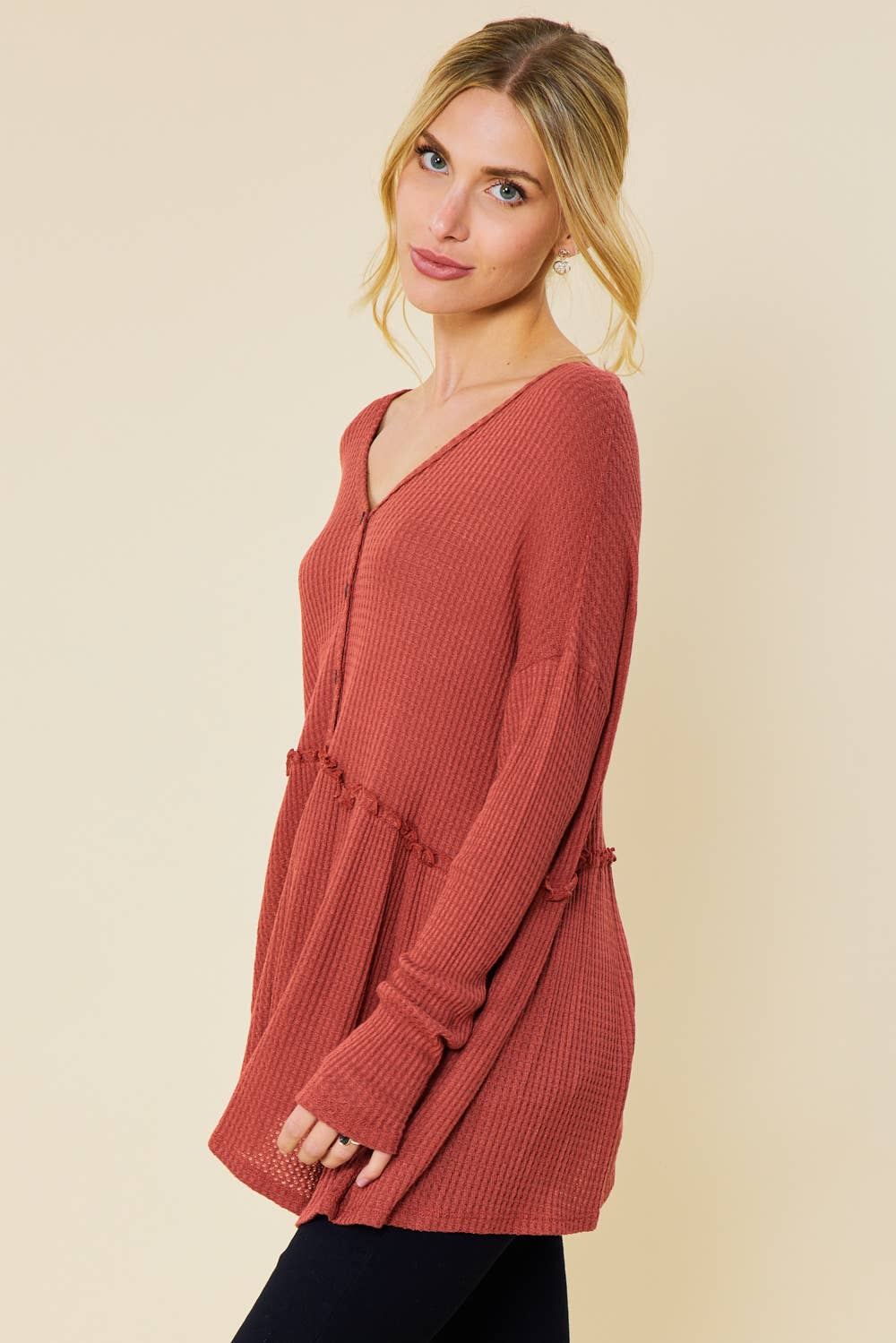 JERSEY WAFFLE HENLEY NECK LONG SLEEVE PEPLUM TOP