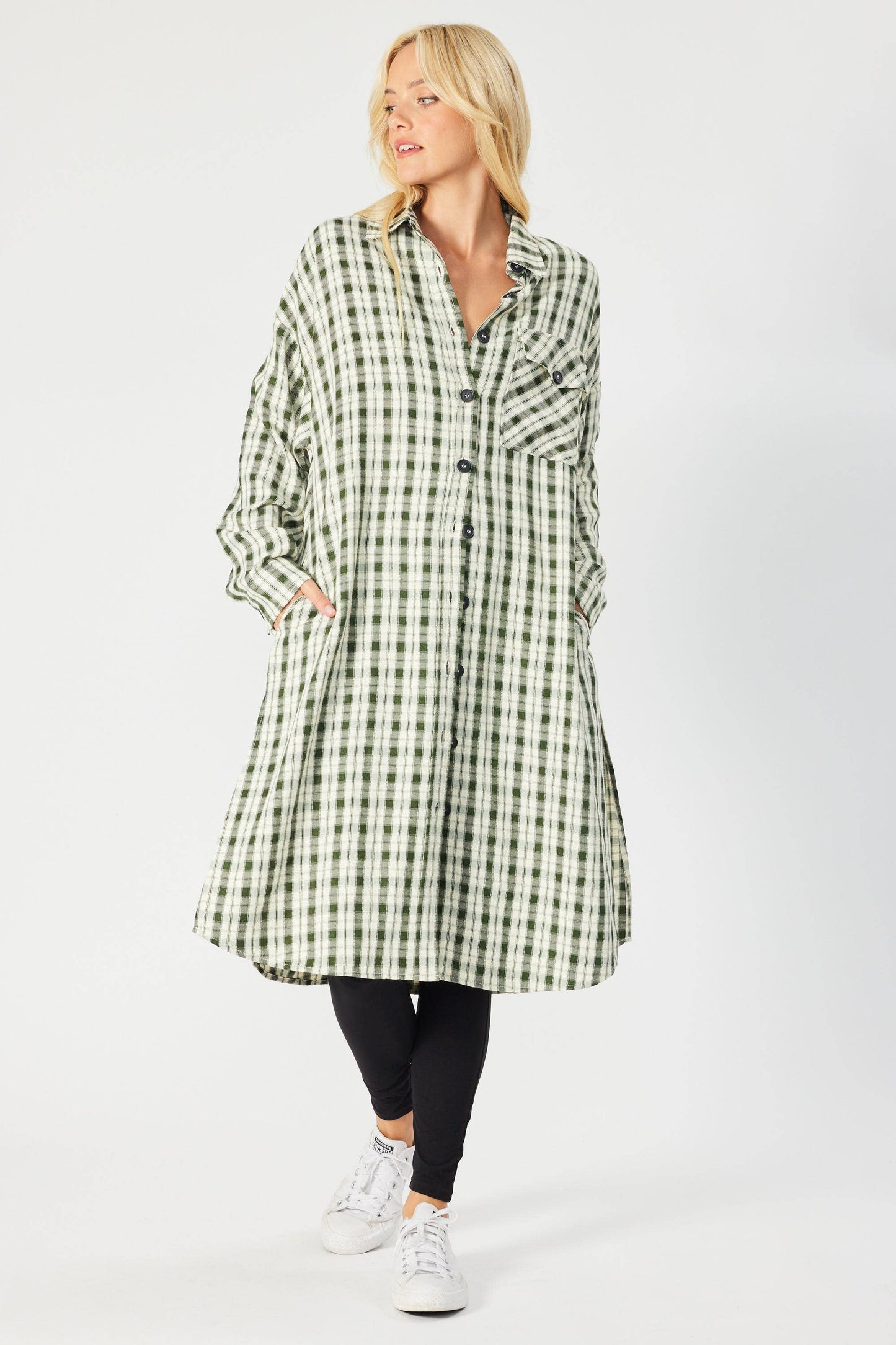 PLAID BUTTON-DOWN MIDI SHACKET