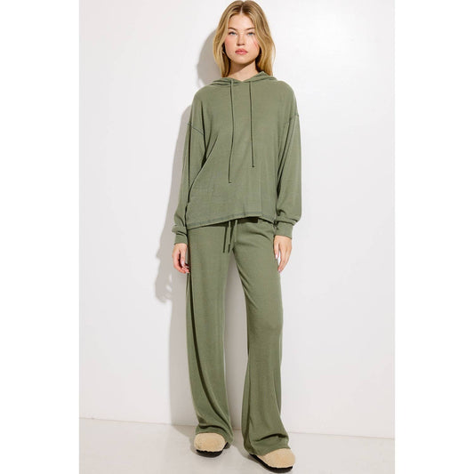 Solid Ribbed Hoodie Loungewear Set