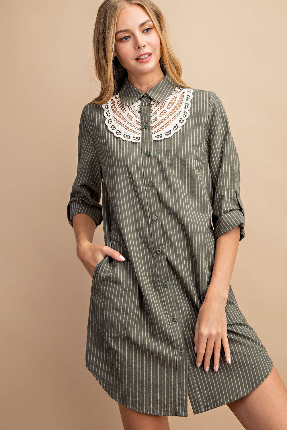 PINSTRIPED BUTTON DOWN SHIRT DRESS