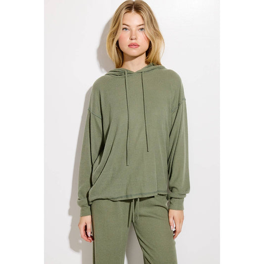 Solid Ribbed Hoodie Loungewear Set