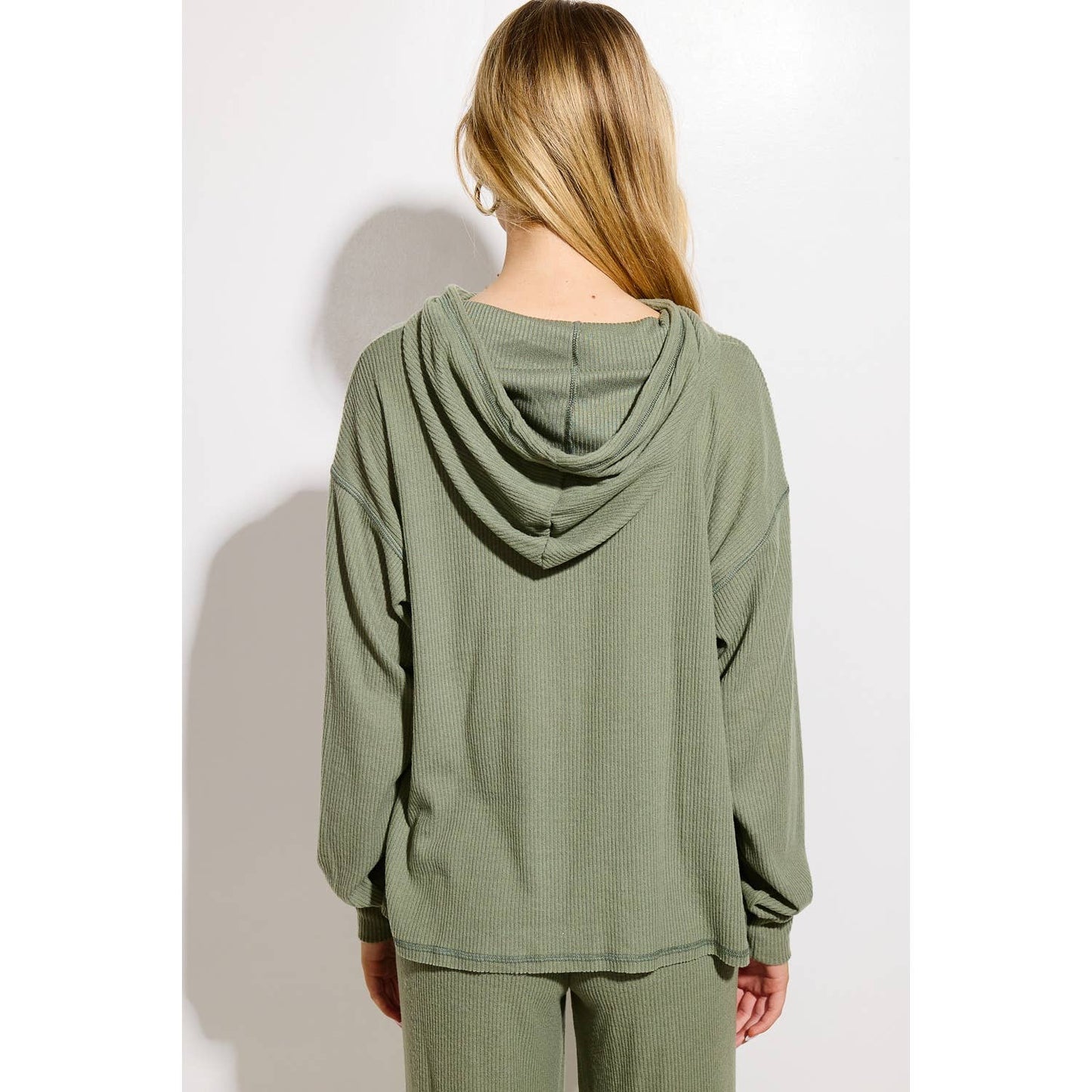 Solid Ribbed Hoodie Loungewear Set