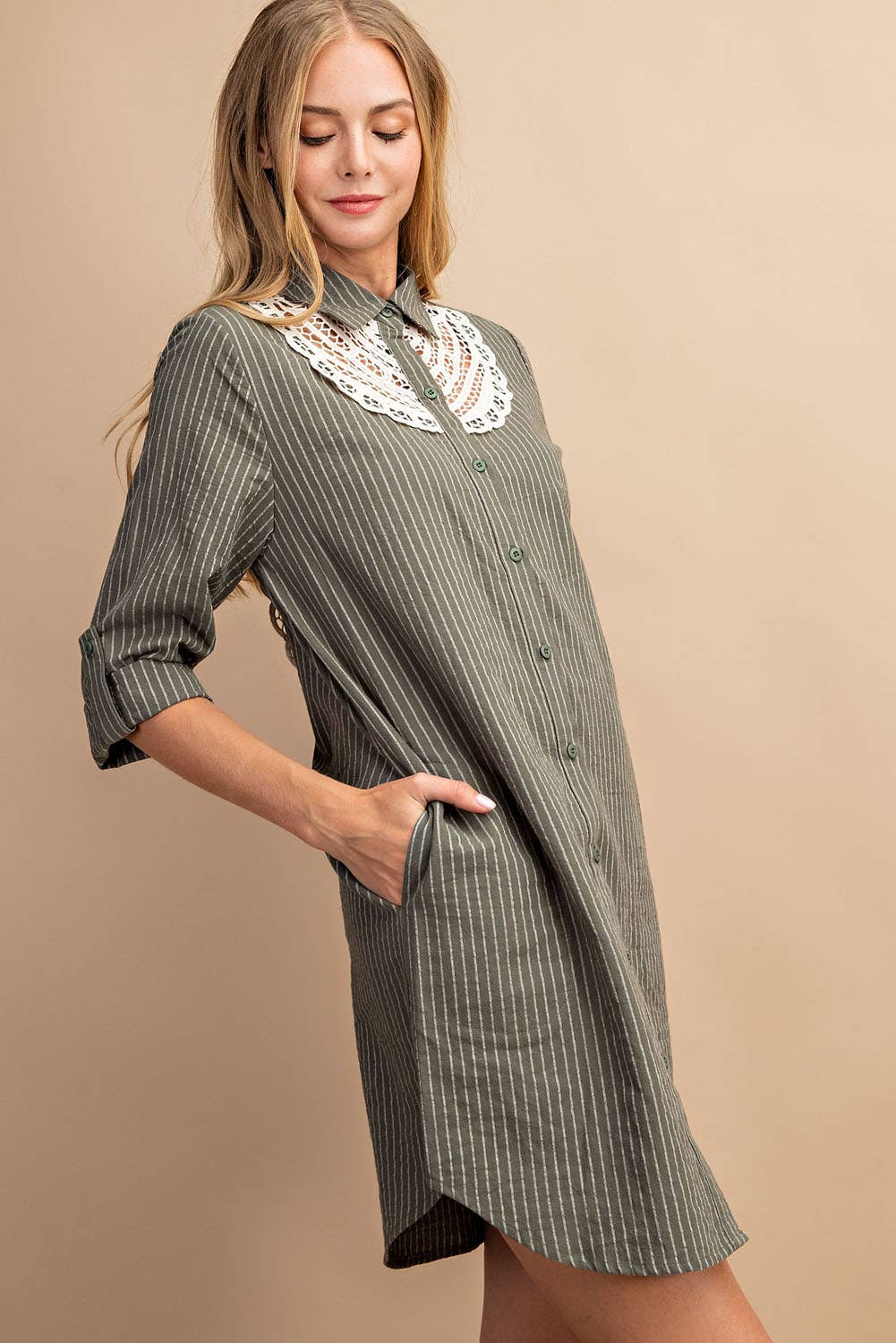 PINSTRIPED BUTTON DOWN SHIRT DRESS