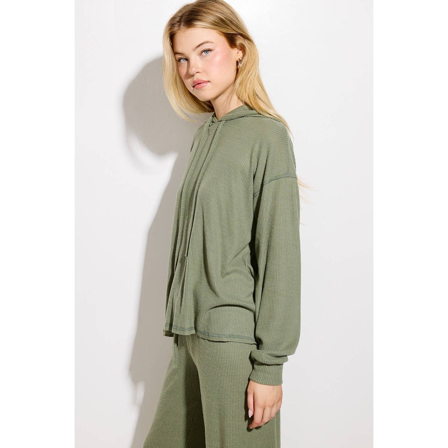 Solid Ribbed Hoodie Loungewear Set