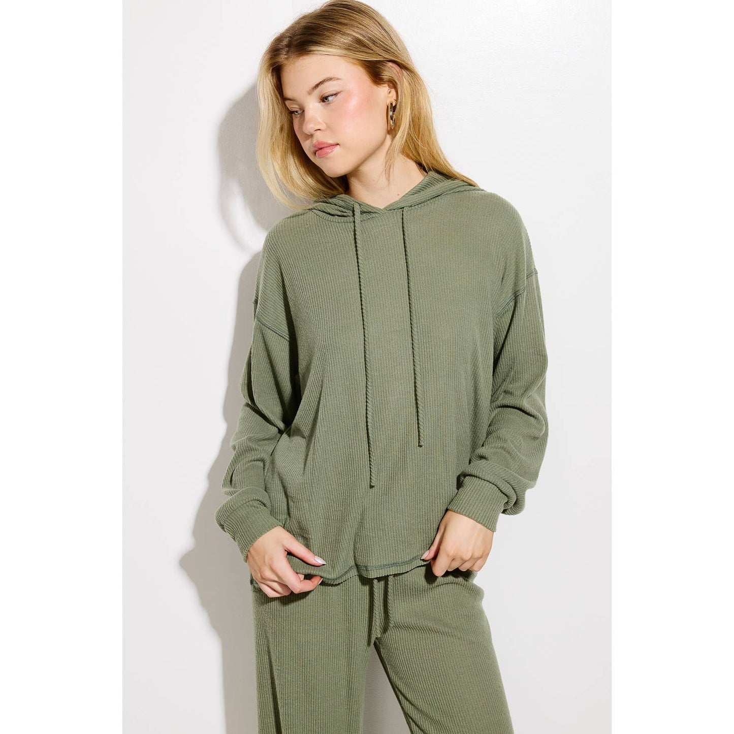 Solid Ribbed Hoodie Loungewear Set